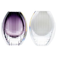 Set of 2 Baccarat Geometric Vases Violet Clear Crystal Glass, France