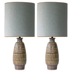 1 of the 2 Ceramic Table Lamps by Soholm, Silk Lampshade, Denmark 1960s