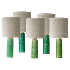 1 of the Several Green Ceramic Lamps, Custom Beige Lampshade by R. Houben