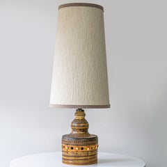 Georges Pelletier Cylindric Brown Ceramic Lamp, Custom Silk Shade by R. Houben