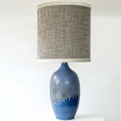 XXL Blue Ceramic Floor Table Lamp, Custom Beige Lampshade by R. Houben