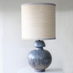 Blue Gray Striped Ceramic Table Lamp, Custom Made Silk Lampshade by R. Houben