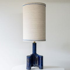 Cobalt Blue Glazed Sculptural Ceramic Lamp, Custom Made Lampshade by R. Houben