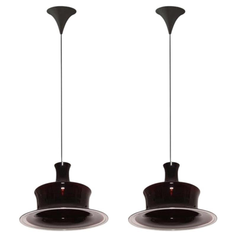 Pre-owned Holmegaard Pair Of Aubergine Glass  Hanging Lamps, 1970 In Black