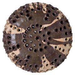 Dark Brown Ceramic Round Wall or Ceiling Light Stripes and Holes, Denmark 1970