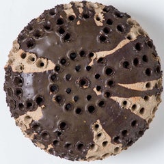 Dark Brown Ceramic Round Wall or Ceiling Light Stripes and Holes, Denmark 1970