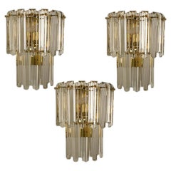 1 of 3 Large J.T. Kalmar Faceted Glass and Gilt Brass Sconces, Vienna, 1960