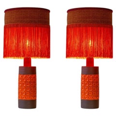 1 der 2 Bitossi Orange-Braun-Keramik-Tischlampen, orangefarbener Schirm von R. Houben