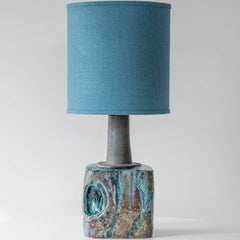 Blue Marbled Glazed Ceramic Table Lamp, Custom Made Blue Lampshade by R. Houben