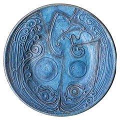 Round Decorative Ceramic Plate, Turquoise Blue Design from Denmark, 1960s