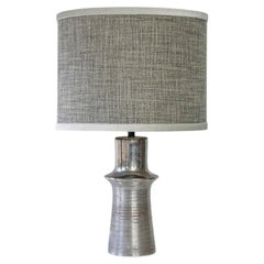 Chrome Colored Lamp with Relief, Custom Gray Silk Lampshade by R. Houben