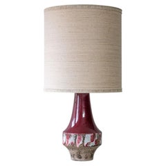 Cherry Red Sculptural Ceramic Lamp, Custom Beige Circular Lampshade by R. Houben