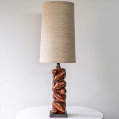 Danish Sculptural Wooden Floor Table Lamp, Custom Made Lampshade by R. Houben