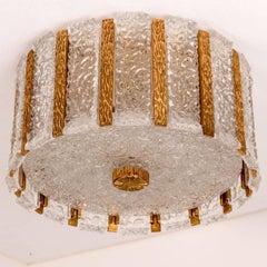 One of Two J.T. Kalmar Drum Flush mount Gold-Plated and Ice Glass, 1960s