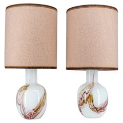 1 of the 2 Holmegaard White and Dusty Pink Glass Table Lamps, Merino Lampshades