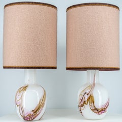 1 of the 2 Holmegaard White and Dusty Pink Glass Table Lamps, Merino Lampshades