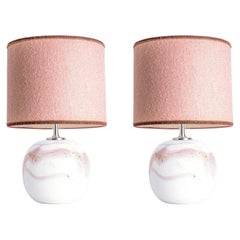 1 of the 2 Holmegaard White Pink Glass Table Lamps, Dusty Rose Merino Lampshades