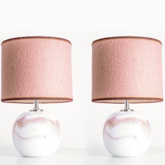 1 of the 2 Holmegaard White Pink Glass Table Lamps, Dusty Rose Merino Lampshades