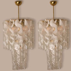 Pair of Huge Brass White Spiral Murano Glass "Torciglione" Chandeliers, 1960