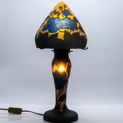Gallé Style Table Lamp Mushroom Hibiscus Yellow Blue, France