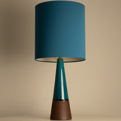 Aqua and Brown Ceramic Table Lamp, Silk Blue Lampshade by R. Houben, 1950