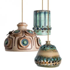 1 of the 3 Ceramic Brown Blue Pendants, Denmark 1960s