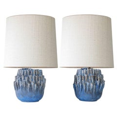Round Blue Coral Ceramic Lamp, Custom White Silk Lampshade by R. Houben
