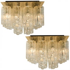 1 of the 2 Large Kalmar Granada Brass Glass Flush Mounts, 1970s