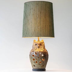 Ceramic Owl Table Lamps, Custom Green Lampshades by René Houben, 1970