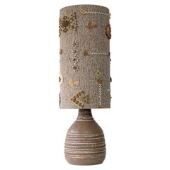 Brown Striped Ceramic Table Lamp, Custom Made Emboidered Lampshade by R. Houben