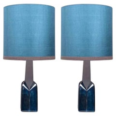 Pair of Soholm Lamps with New Silk Blue Lampshade René Houben, 1960s