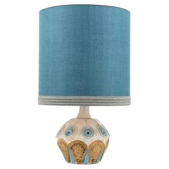 Round Ceramic Table Lamp with Custom Blue Silk Lampshade by René Houben