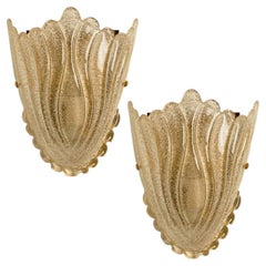 Pair of Golden Murano Glass Shell Wall Sconces, Italy 1960s