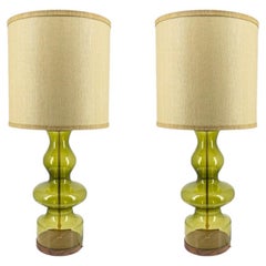 1 of the 2 XL Glass Green Shaped Table Lamps with Silk Lampshades R. Houben