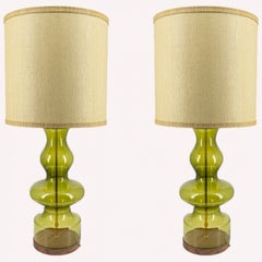 1 of the 2 XL Glass Green Shaped Table Lamps with Silk Lampshades R. Houben
