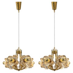 1 of the 2 Sische Glass and Brass Chandeliers, 1960s Modernist Design
