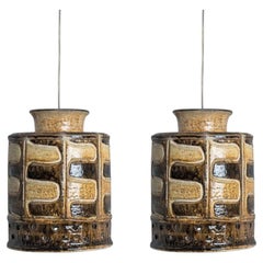 1 of the 2 Cylinder Beige Brown Ceramic Pendant Lights, Denmark, 1970