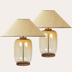 1 of the 2 XL Ochre Bubble Glass Table Lamps, Custom Silk Lampshade by R. Houben