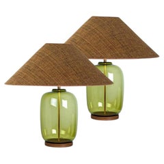 1 of the 2 XL Bubble Glass Table Lamps, Custom Silk Lampshade by R. Houben