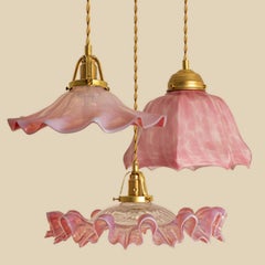 1 of the 3 Art Deco Ruffled Murano Hand Blown Glass Pendants Pink White, 1940