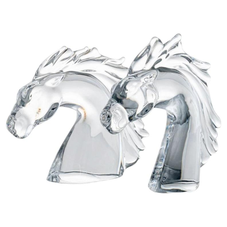 Pre-owned Daum Set Of 2  Horse Head Clear Crystal Glass Sculpture, France In Gray