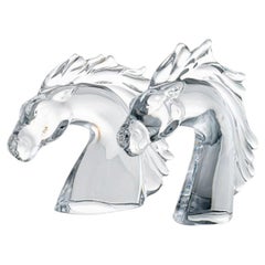 Set of 2 Daum Horse Head Clear Crystal Glass Sculpture, France