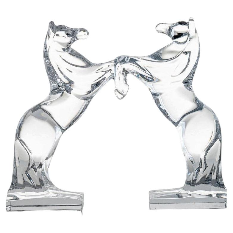 Pre-owned Daum Set Of 2  Rearing Horses Clear Crystal Glass Sculptures, France In Gray