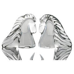 Set of 2 Saint Louis Horse Heads Clear Crystal Glass Sculptures, France