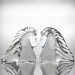 Set of 2 Saint Louis Horse Heads Clear Crystal Glass Sculptures, France