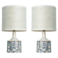 Pair of Large Grey Ceramic Table Lamps for Soholm with Silk Shade, Denmark 1960