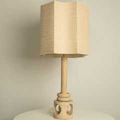 XL Travertin Table Lamp with Custom Made Silk Lampshade by Rene Houben
