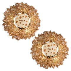 Pair of Gilded Brass and Crystal Glass Flush Mount Wall Light by Palwa, 1960s