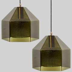 Swedish Green Tinted Glass & Brass Pendant Lamp by Carl Fagerlund for Orrefors