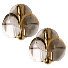 Pair of Smoked Glass and Brass Wall Light by Vistosi, Italy, 1970s